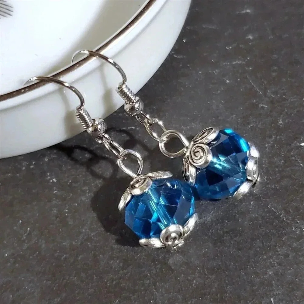 Turquoise Blue Vintage Crystal Beads Antique Silver Carved Accents Earrings